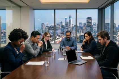 Tech layoffs vs record profits controversy illustrated by empty offices and profit charts