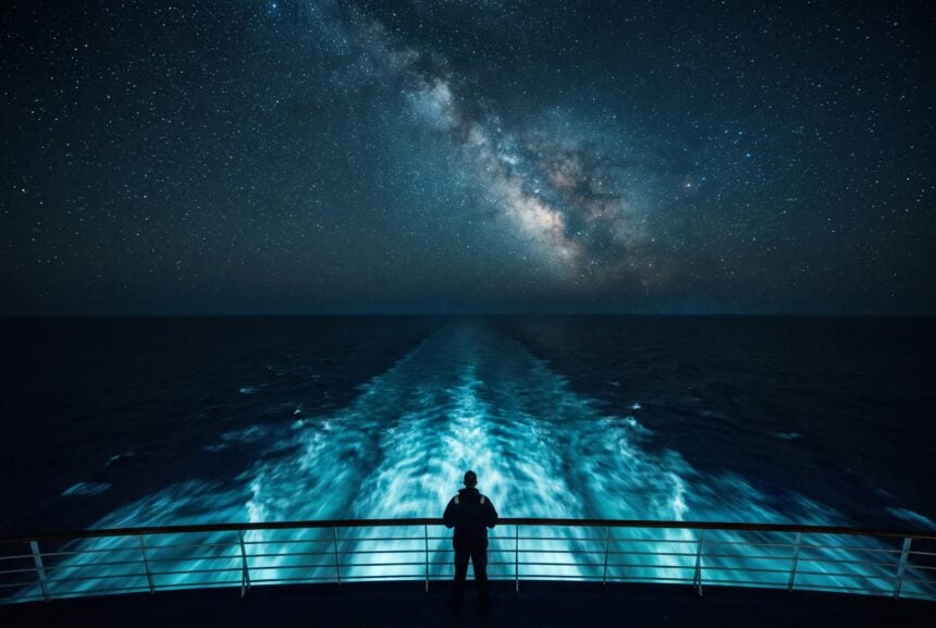 A sailor stands at the stern rail of a ship at night as the Milky Way stretches overhead and a glowing bioluminescent wake trails behind